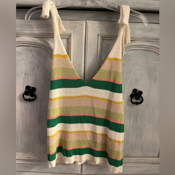 BCBGMaxAzria Colorful Striped Ribbed Knit V-Neck Sweater Bow Tank - Picture 8 of 8